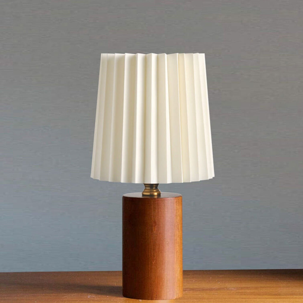 Elegant Vintage Korean Pleated Column Table Lamp with Solid Wood Base