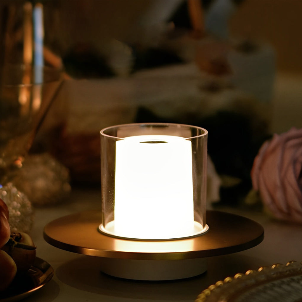 Elegant White Cordless Cylinder Table Lamp with Dish Base for Home Decor