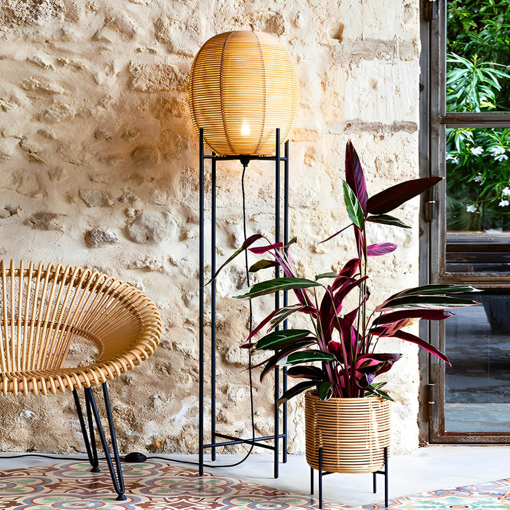 Rustic Bohemian Rattan and Metal Floor Lamp for Living Room Bedroom