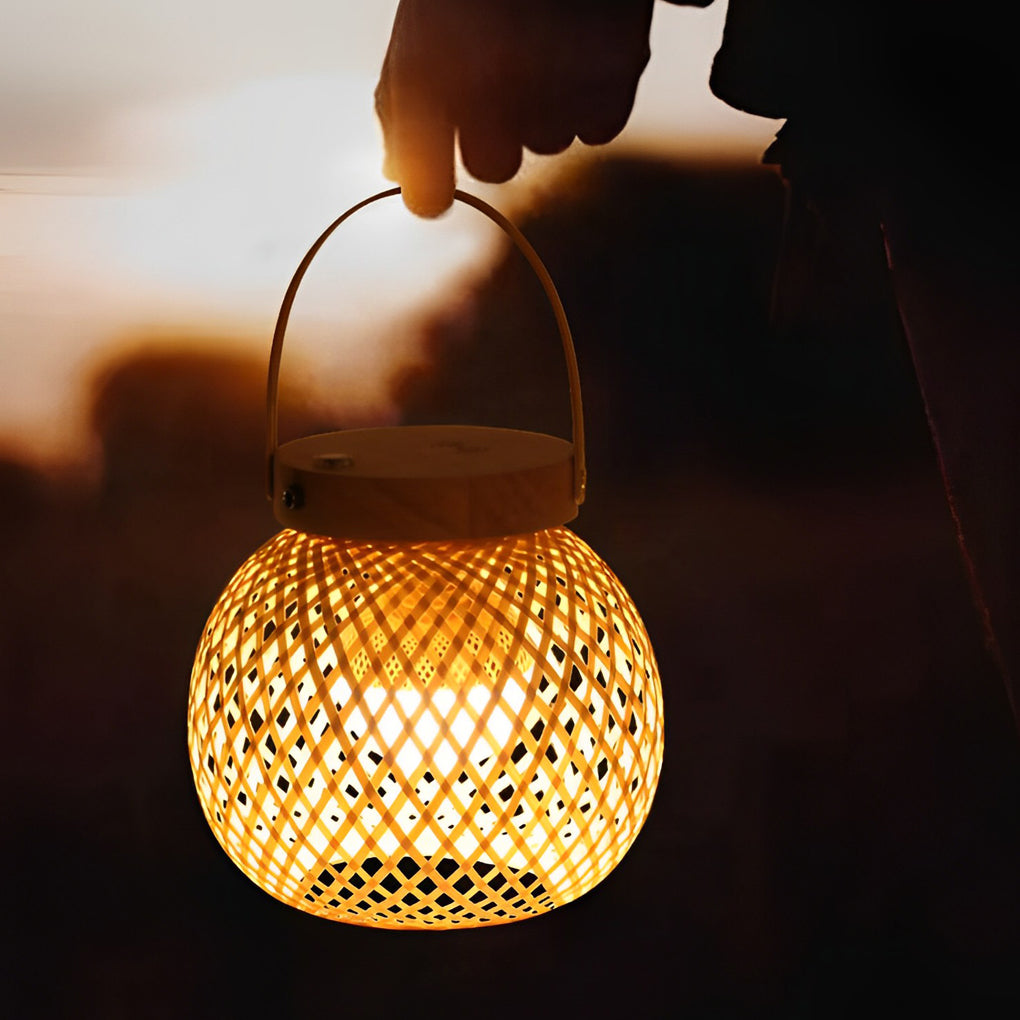 Rustic Natural Woven Bamboo Lantern Table Lamp with Handle for Cozy Home Decor