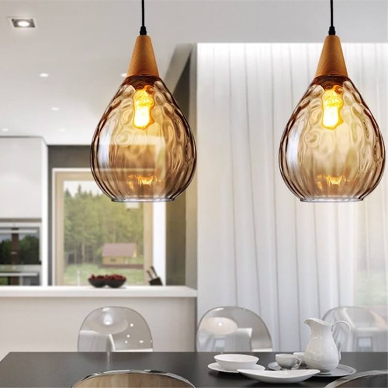 Modern Minimalist Round Wood & Glass Pendant Light for Bedroom Decor