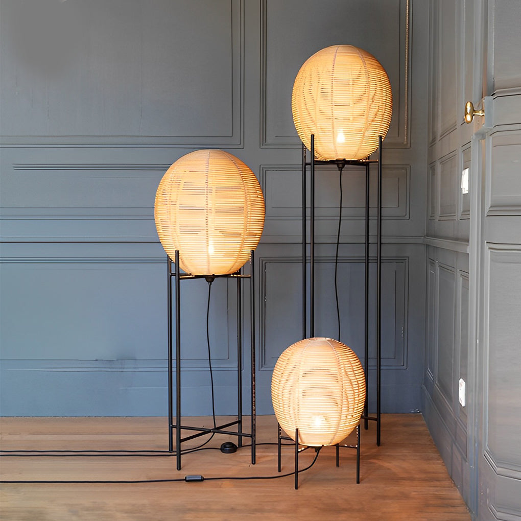 Rustic Bohemian Rattan and Metal Floor Lamp for Living Room Bedroom