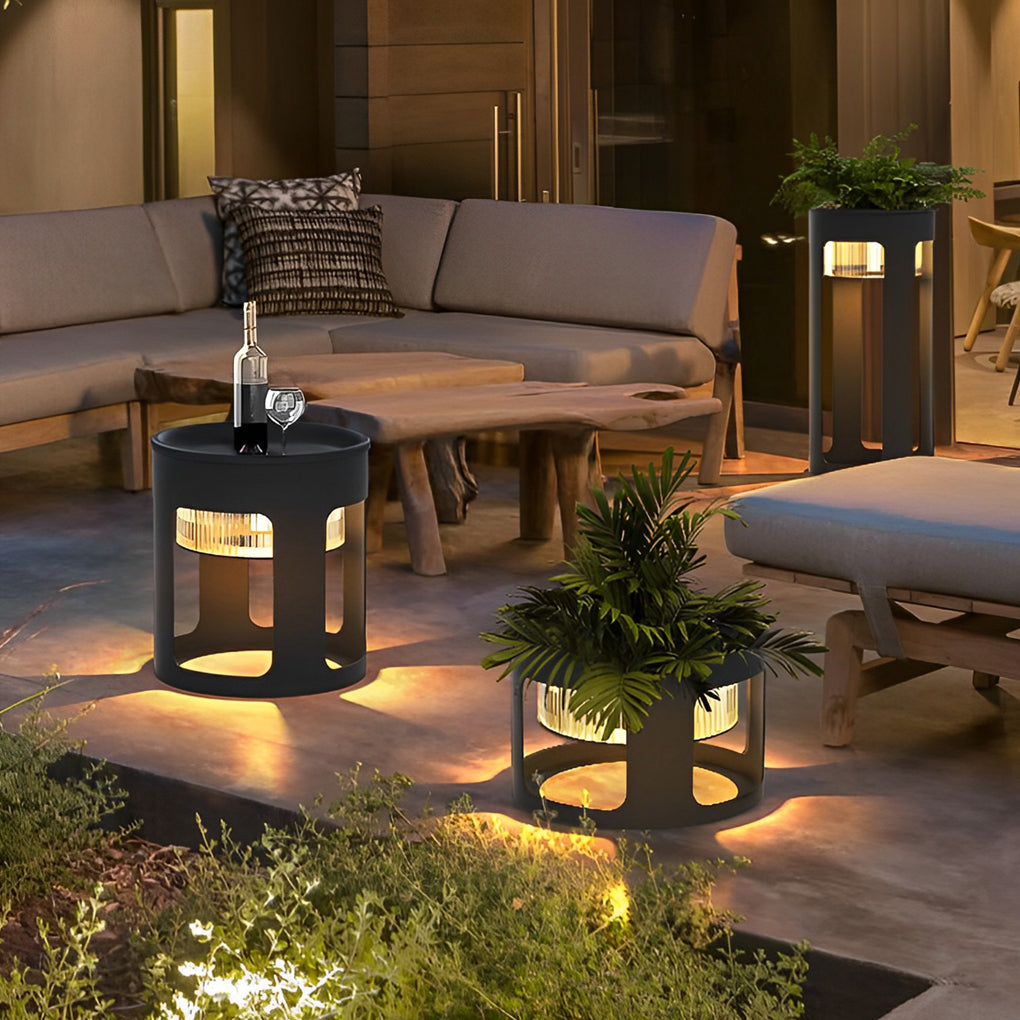 Modern White Round Solar-Powered LED Table Lamp for Outdoor Use