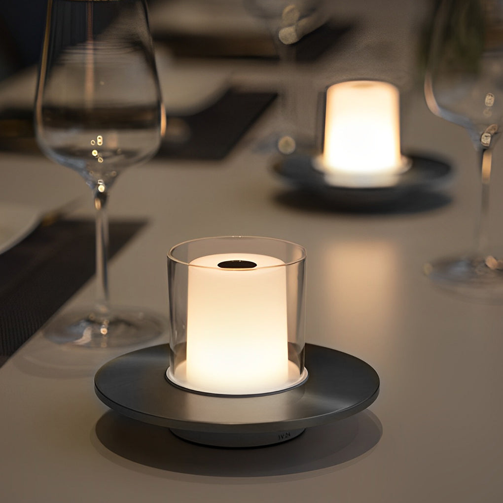 Elegant White Cordless Cylinder Table Lamp with Dish Base for Home Decor