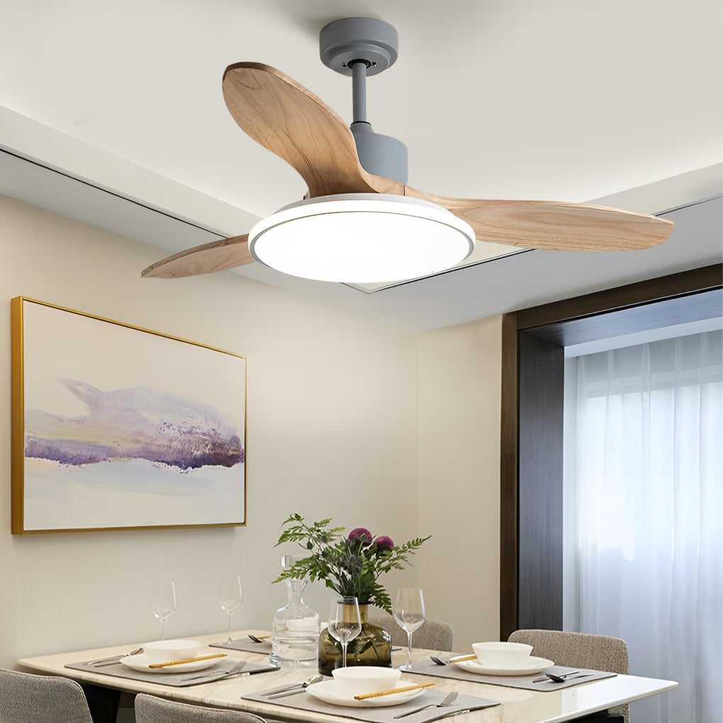 Nordic Wooden LED Ceiling Fan Light with Remote - 3 Step Dimming, Modern