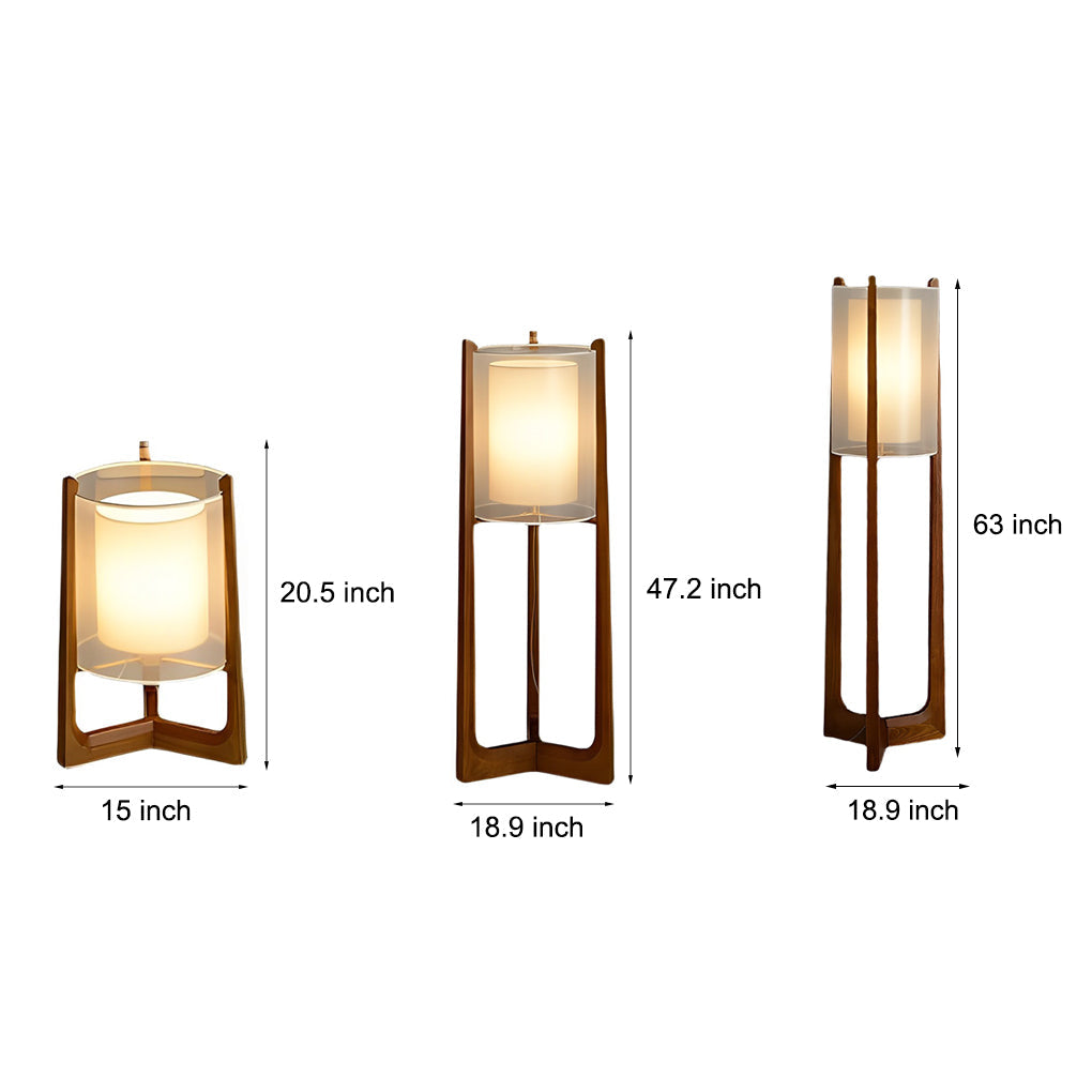 Rustic Japanese Wood LED Floor Lamp with Double Shades for Living Room