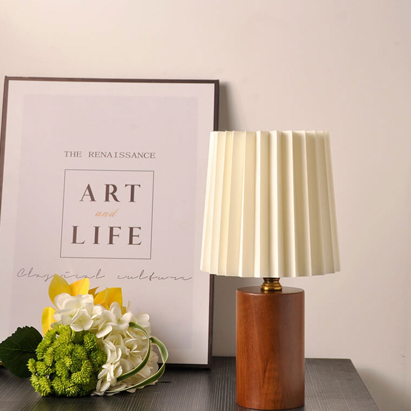 Elegant Vintage Korean Pleated Column Table Lamp with Solid Wood Base