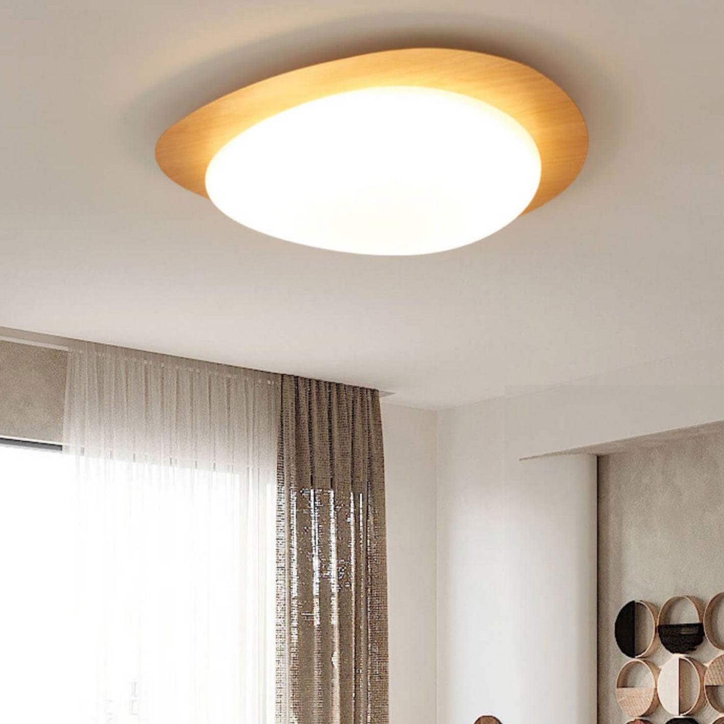 Nordic Oak Wood Grain Pebble LED Flush Mount Light for Living Room
