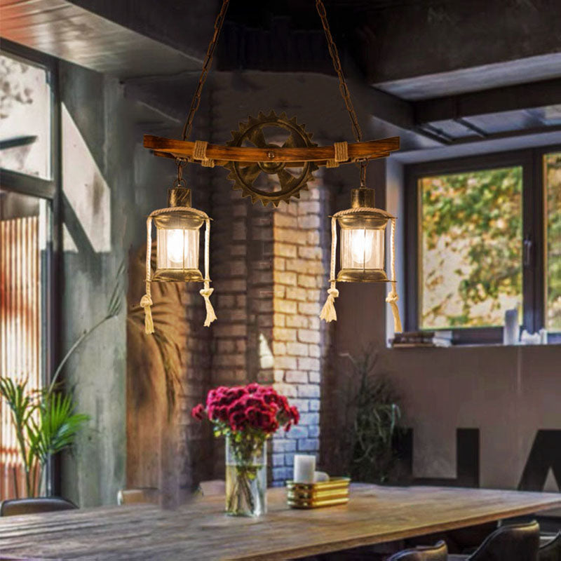 Industrial Style Wood and Iron 2-Light Chandelier with Glass for Dining Room