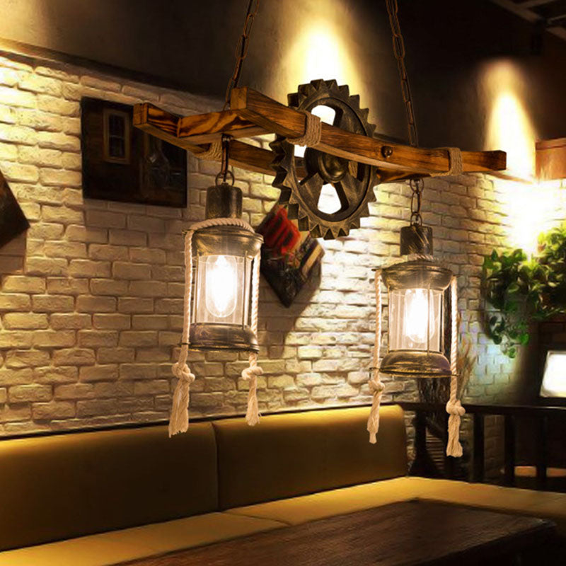 Industrial Style Wood and Iron 2-Light Chandelier with Glass for Dining Room