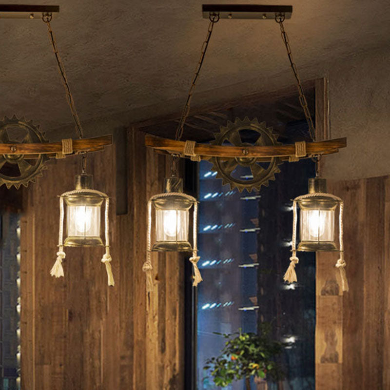 Industrial Style Wood and Iron 2-Light Chandelier with Glass for Dining Room