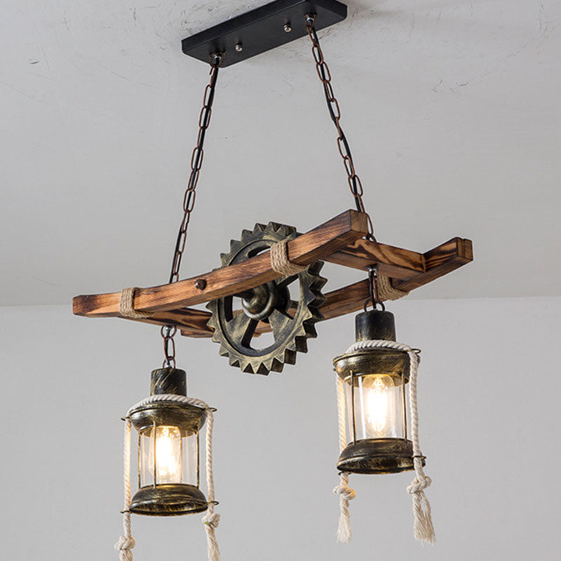 Industrial Style Wood and Iron 2-Light Chandelier with Glass for Dining Room