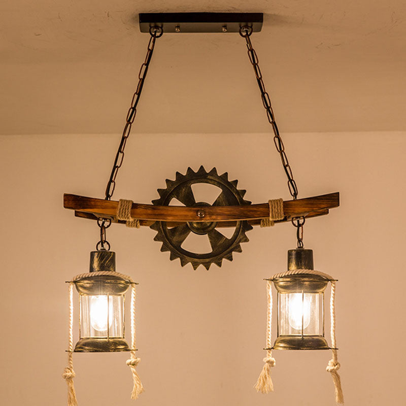 Industrial Style Wood and Iron 2-Light Chandelier with Glass for Dining Room