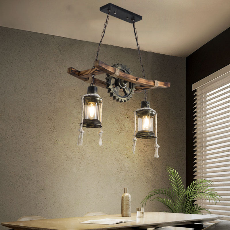 Industrial Style Wood and Iron 2-Light Chandelier with Glass for Dining Room