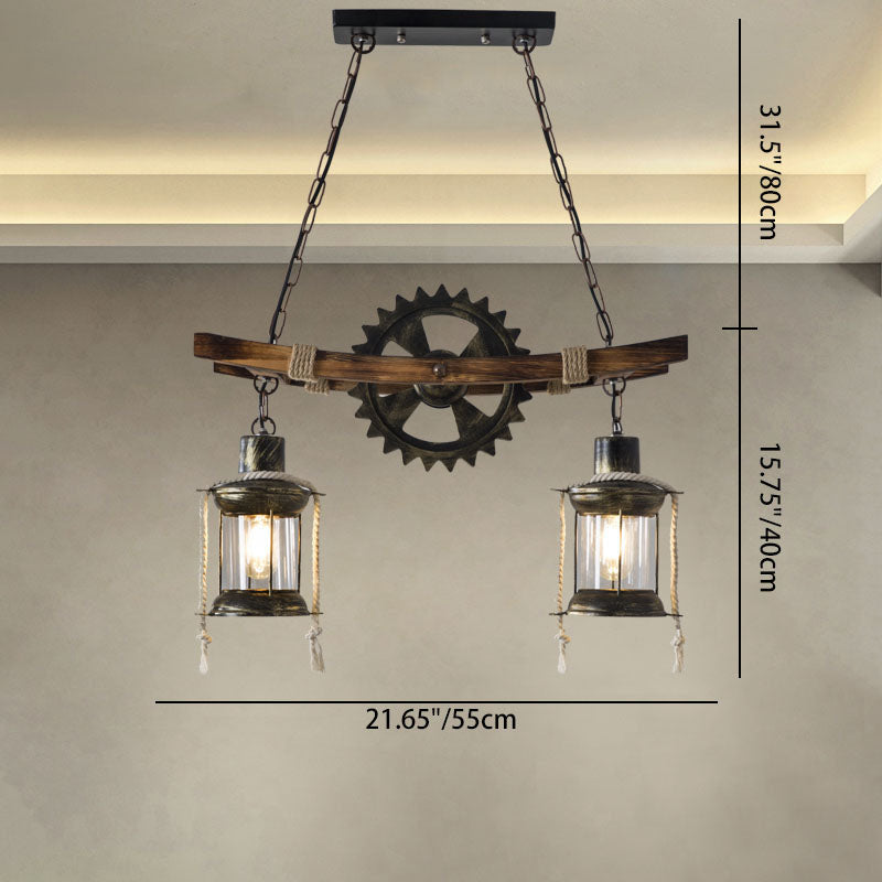 Industrial Style Wood and Iron 2-Light Chandelier with Glass for Dining Room