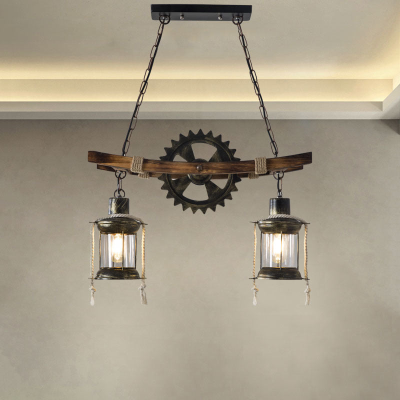 Industrial Style Wood and Iron 2-Light Chandelier with Glass for Dining Room