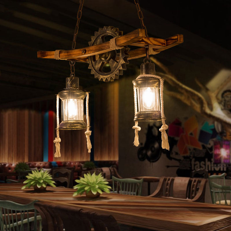 Industrial Style Wood and Iron 2-Light Chandelier with Glass for Dining Room