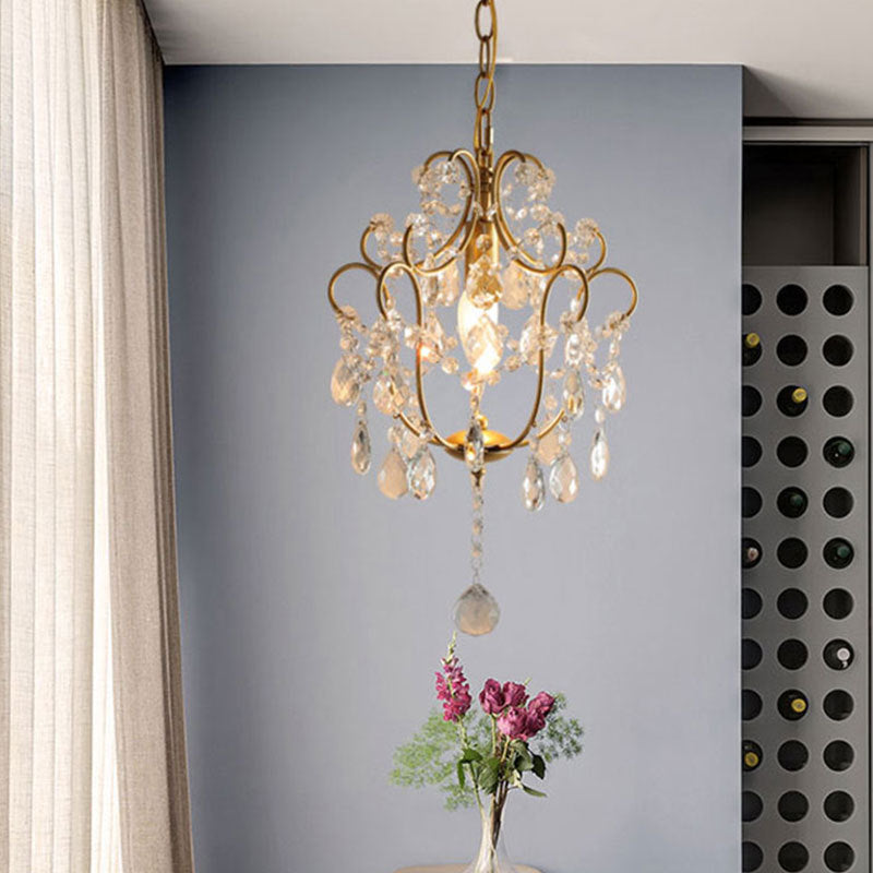Elegant French Iron and Crystal Floral 1-Light Chandelier for Dining Room