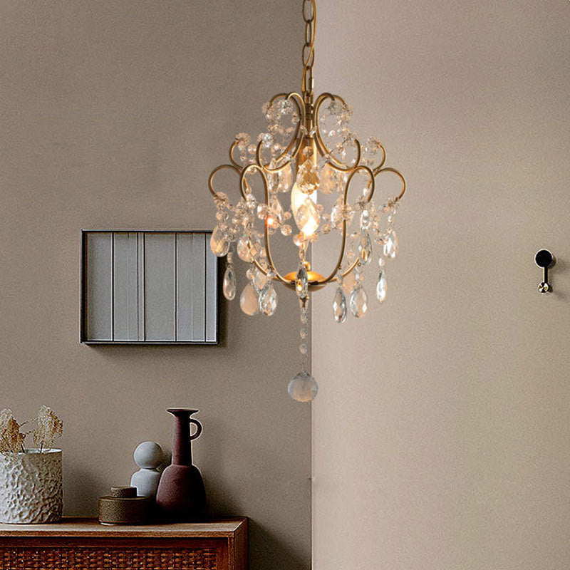 Elegant French Iron and Crystal Floral 1-Light Chandelier for Dining Room