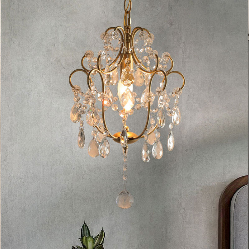 Elegant French Iron and Crystal Floral 1-Light Chandelier for Dining Room