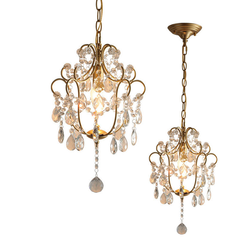 Elegant French Iron and Crystal Floral 1-Light Chandelier for Dining Room
