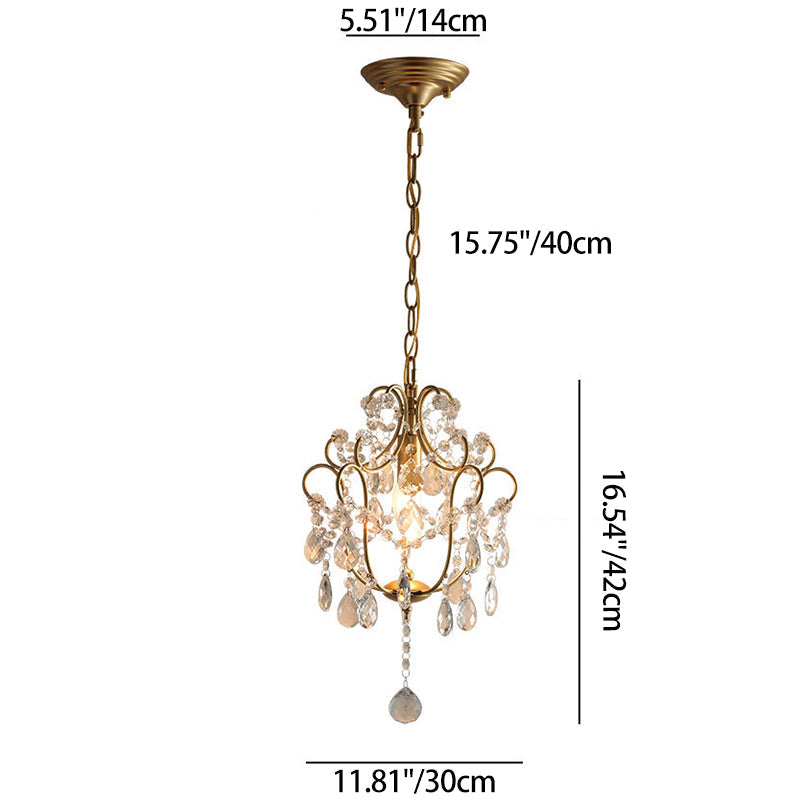 Elegant French Iron and Crystal Floral 1-Light Chandelier for Dining Room