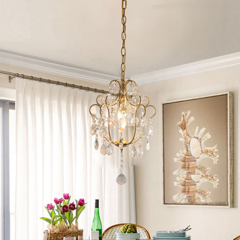 Elegant French Iron and Crystal Floral 1-Light Chandelier for Dining Room