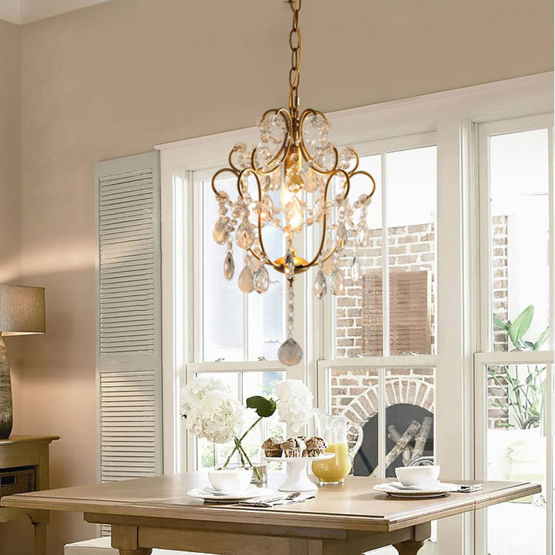 Elegant French Iron and Crystal Floral 1-Light Chandelier for Dining Room