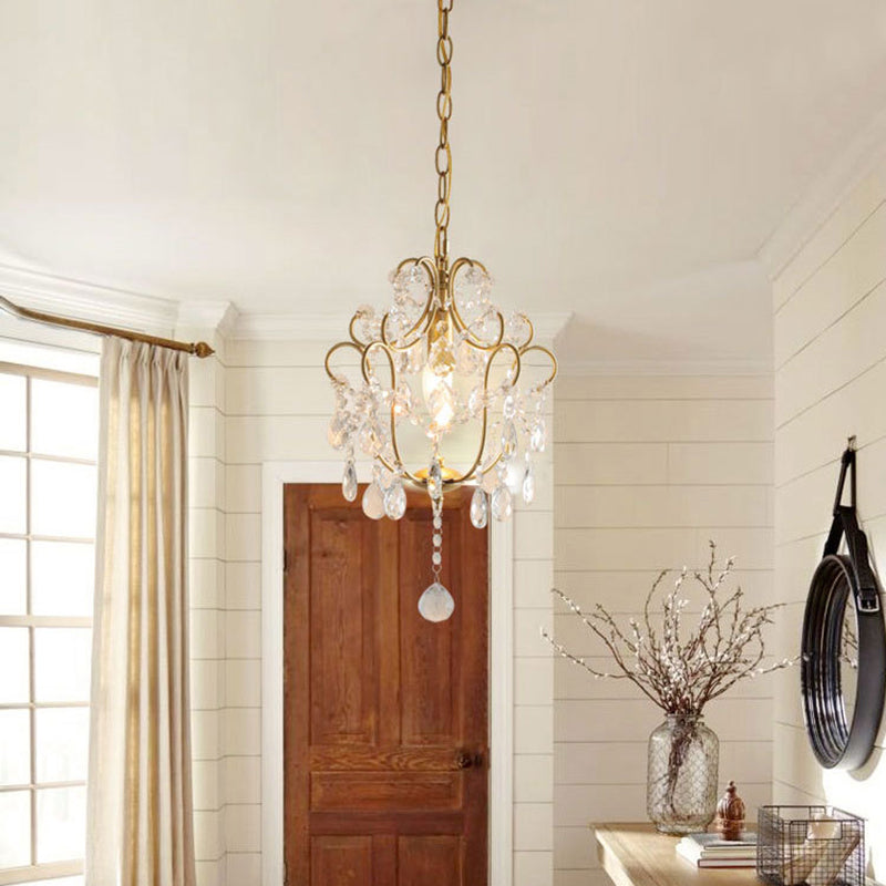 Elegant French Iron and Crystal Floral 1-Light Chandelier for Dining Room
