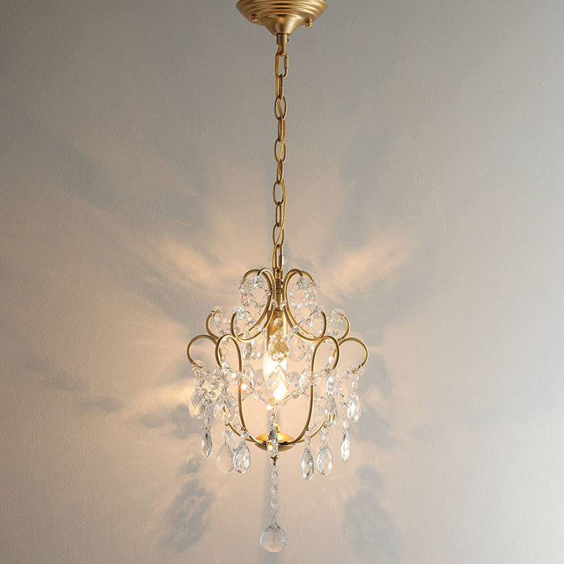 Elegant French Iron and Crystal Floral 1-Light Chandelier for Dining Room