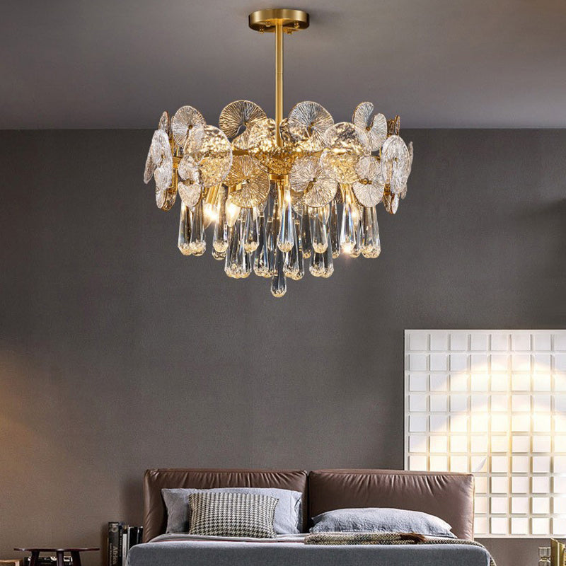 Elegant Copper & Crystal Round Teardrop Chandelier for Living Room