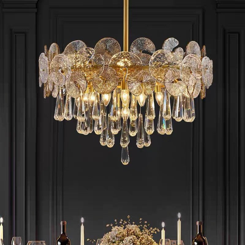 Elegant Copper & Crystal Round Teardrop Chandelier for Living Room