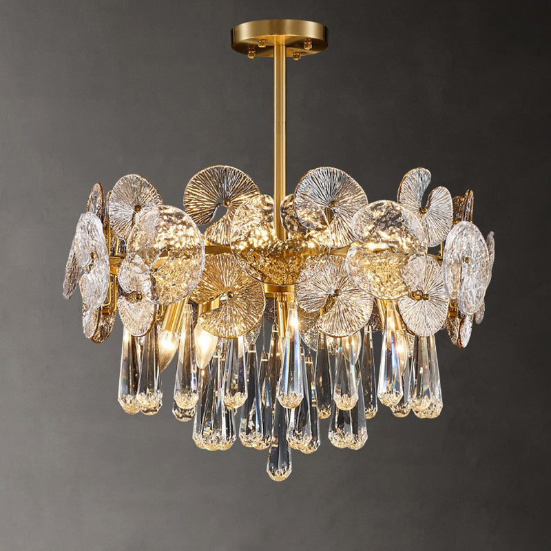 Elegant Copper & Crystal Round Teardrop Chandelier for Living Room