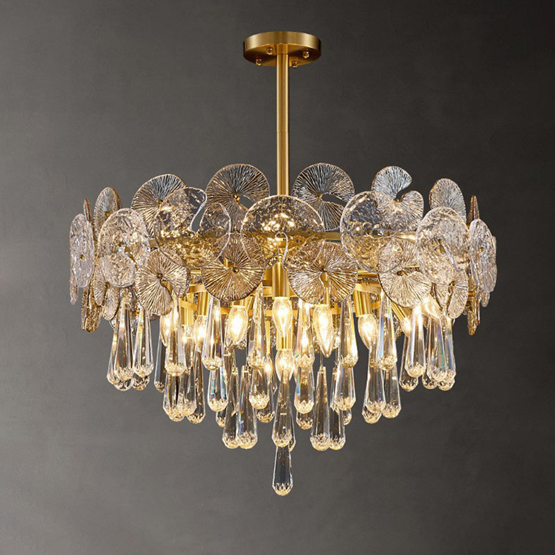 Elegant Copper & Crystal Round Teardrop Chandelier for Living Room