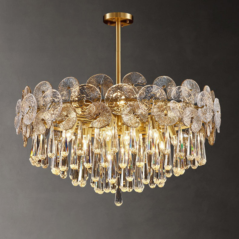 Elegant Copper & Crystal Round Teardrop Chandelier for Living Room