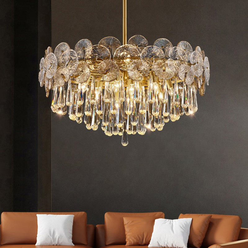 Elegant Copper & Crystal Round Teardrop Chandelier for Living Room