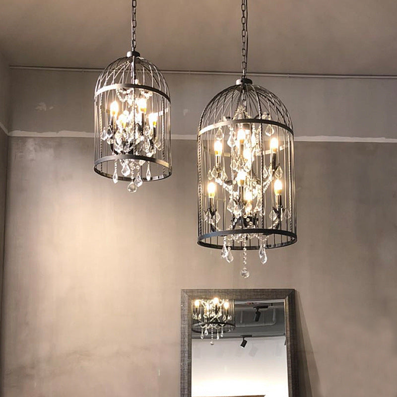Modern Black Iron and Crystal Bird Cage Chandelier for Dining Room