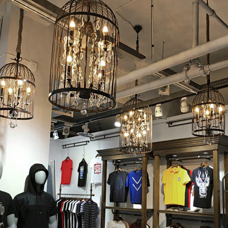 Modern Black Iron and Crystal Bird Cage Chandelier for Dining Room