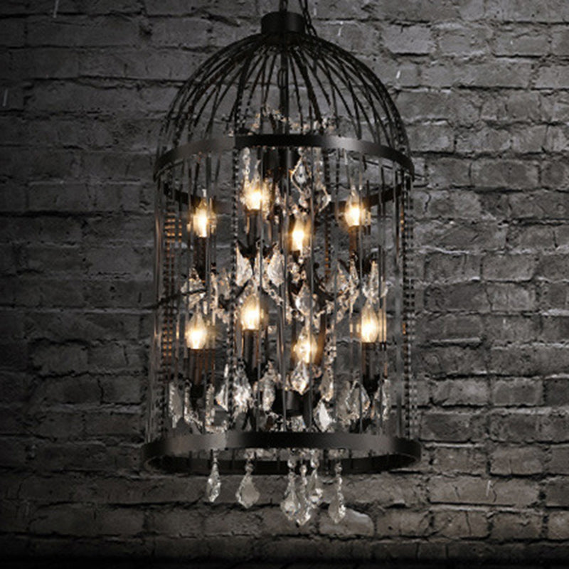 Modern Black Iron and Crystal Bird Cage Chandelier for Dining Room
