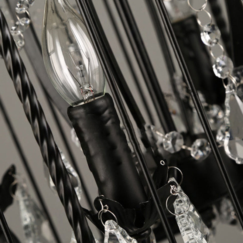 Modern Black Iron and Crystal Bird Cage Chandelier for Dining Room