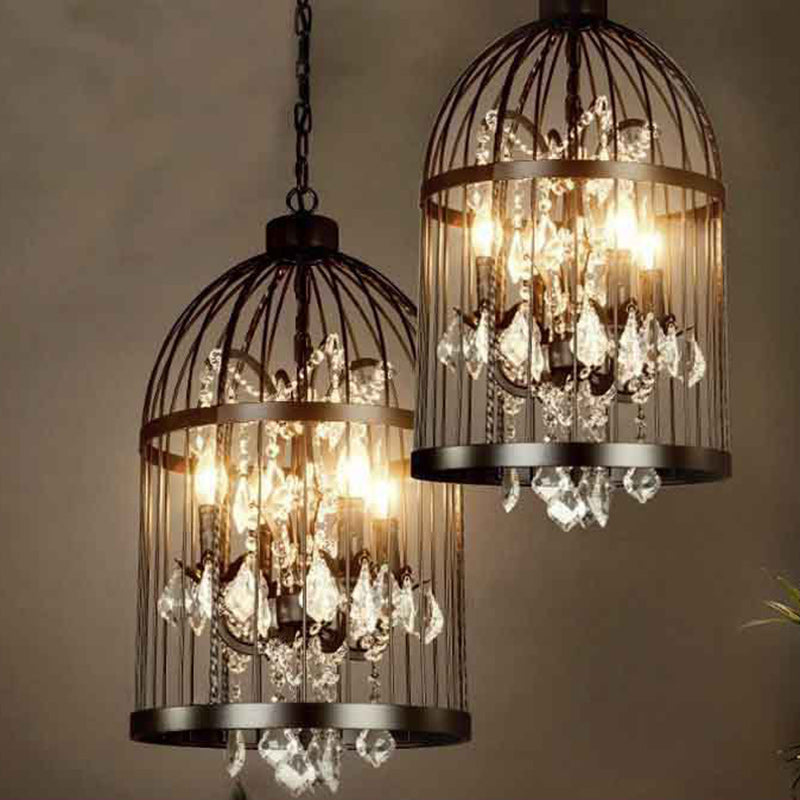 Modern Black Iron and Crystal Bird Cage Chandelier for Dining Room