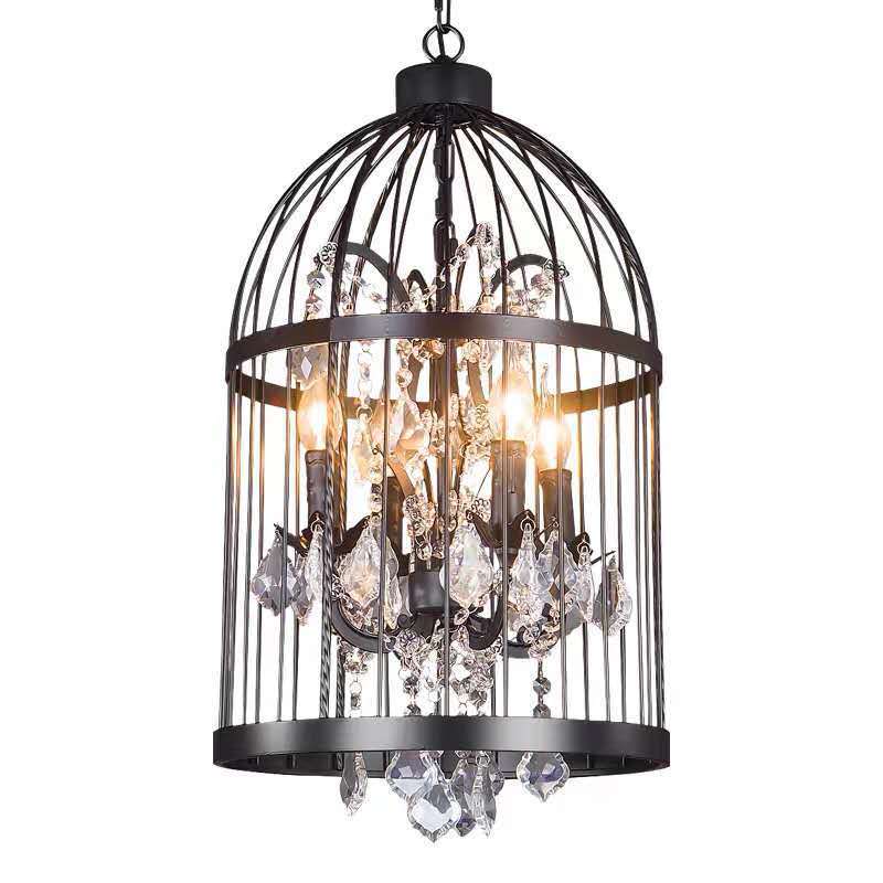 Modern Black Iron and Crystal Bird Cage Chandelier for Dining Room