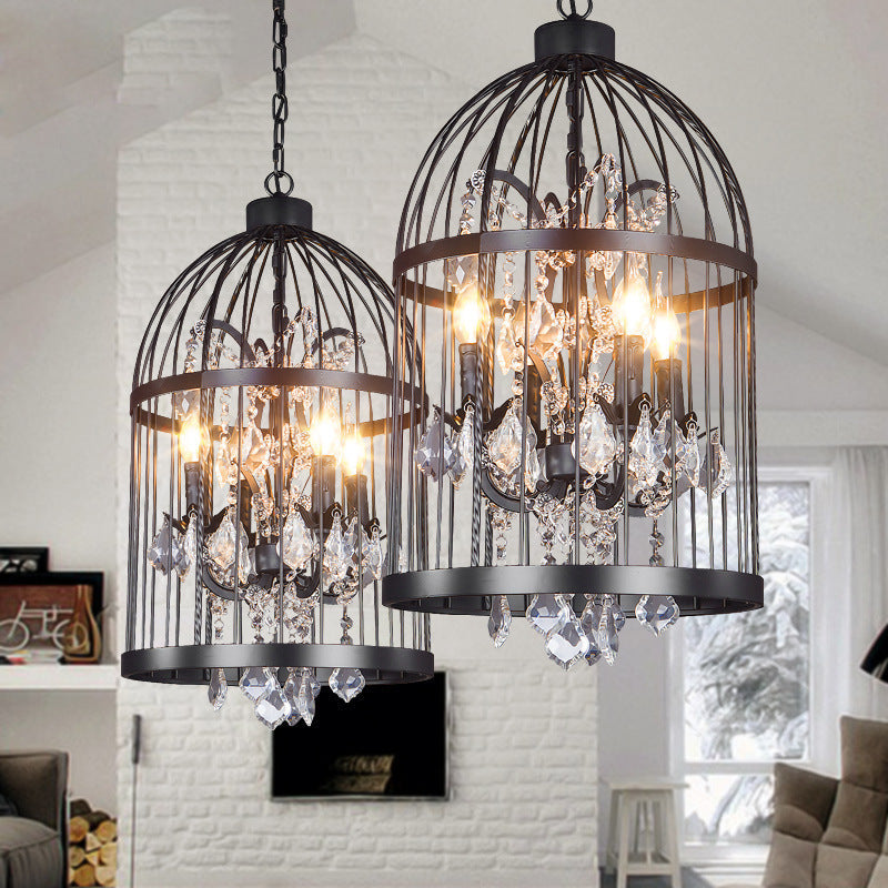 Modern Black Iron and Crystal Bird Cage Chandelier for Dining Room