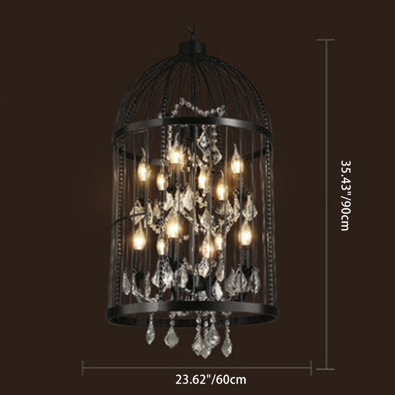 Modern Black Iron and Crystal Bird Cage Chandelier for Dining Room