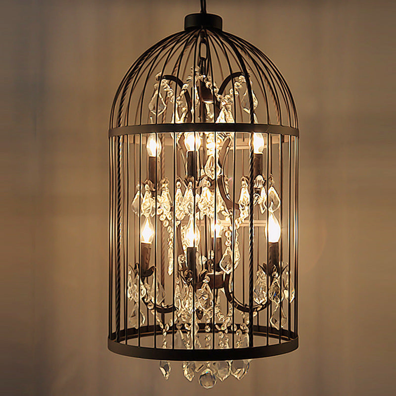 Modern Black Iron and Crystal Bird Cage Chandelier for Dining Room