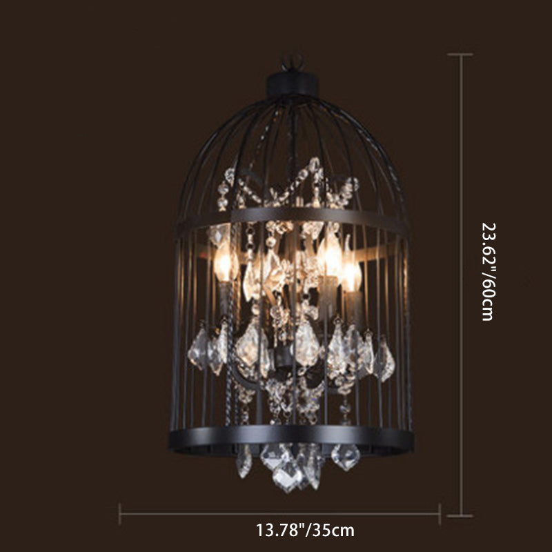 Modern Black Iron and Crystal Bird Cage Chandelier for Dining Room