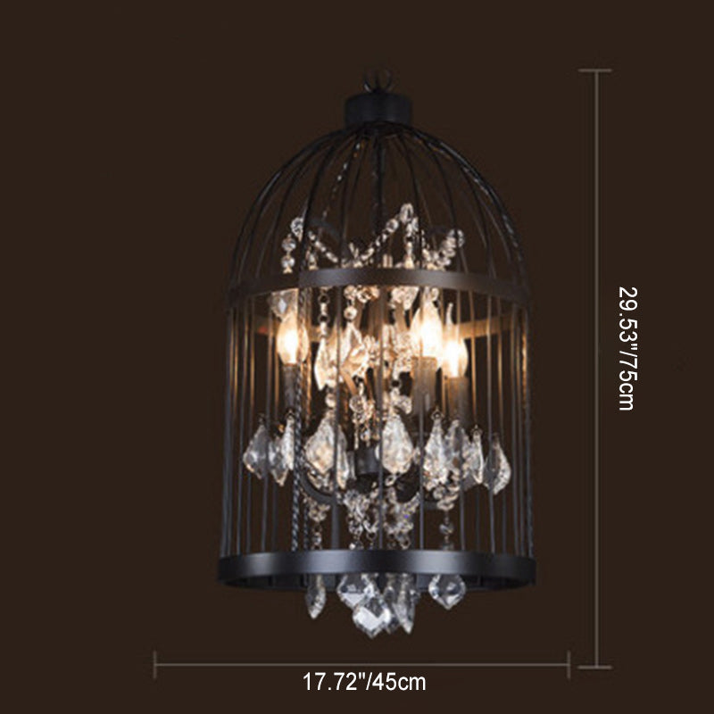 Modern Black Iron and Crystal Bird Cage Chandelier for Dining Room