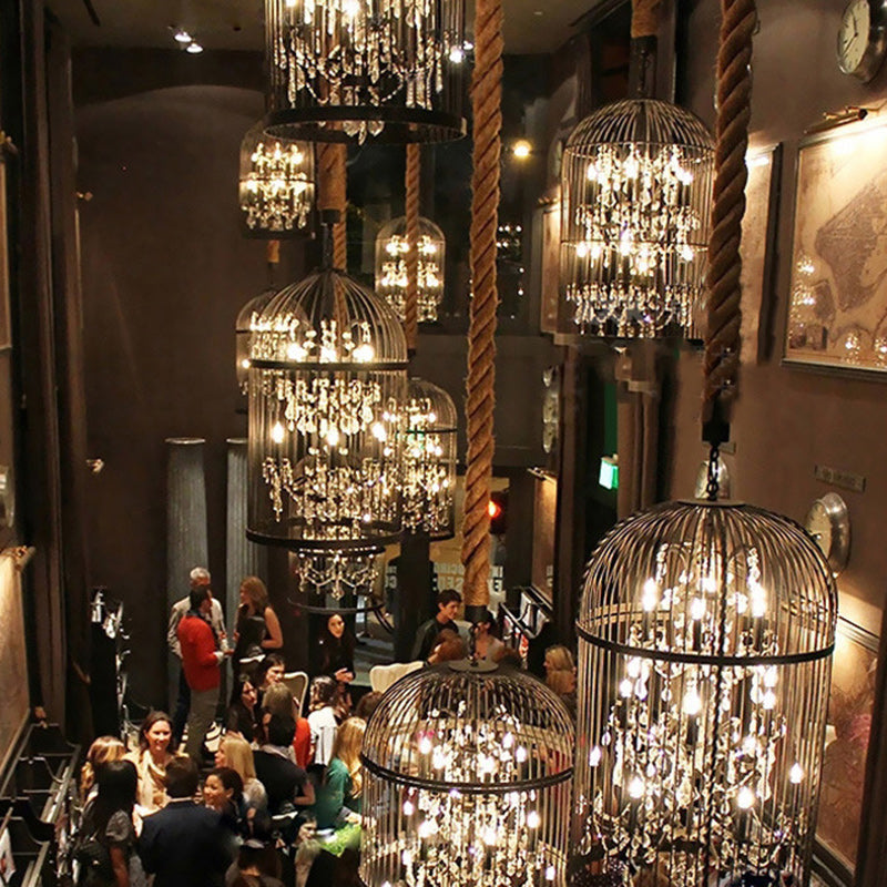 Modern Black Iron and Crystal Bird Cage Chandelier for Dining Room