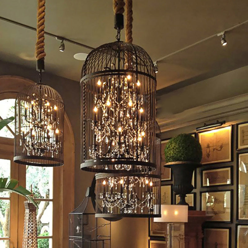 Modern Black Iron and Crystal Bird Cage Chandelier for Dining Room