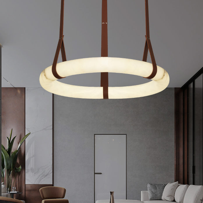 Nordic Round LED Chandelier in Imitation Marble and Leather for Living Room